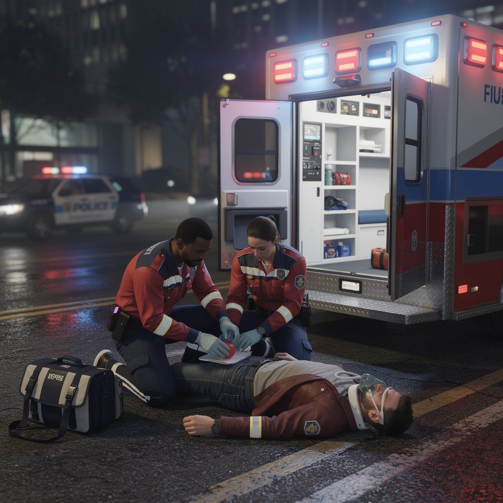 FiveM Roleplay EMS paramedics treating a person next to a modern ambulance, cinematic scene, realistic game graphics, 4k