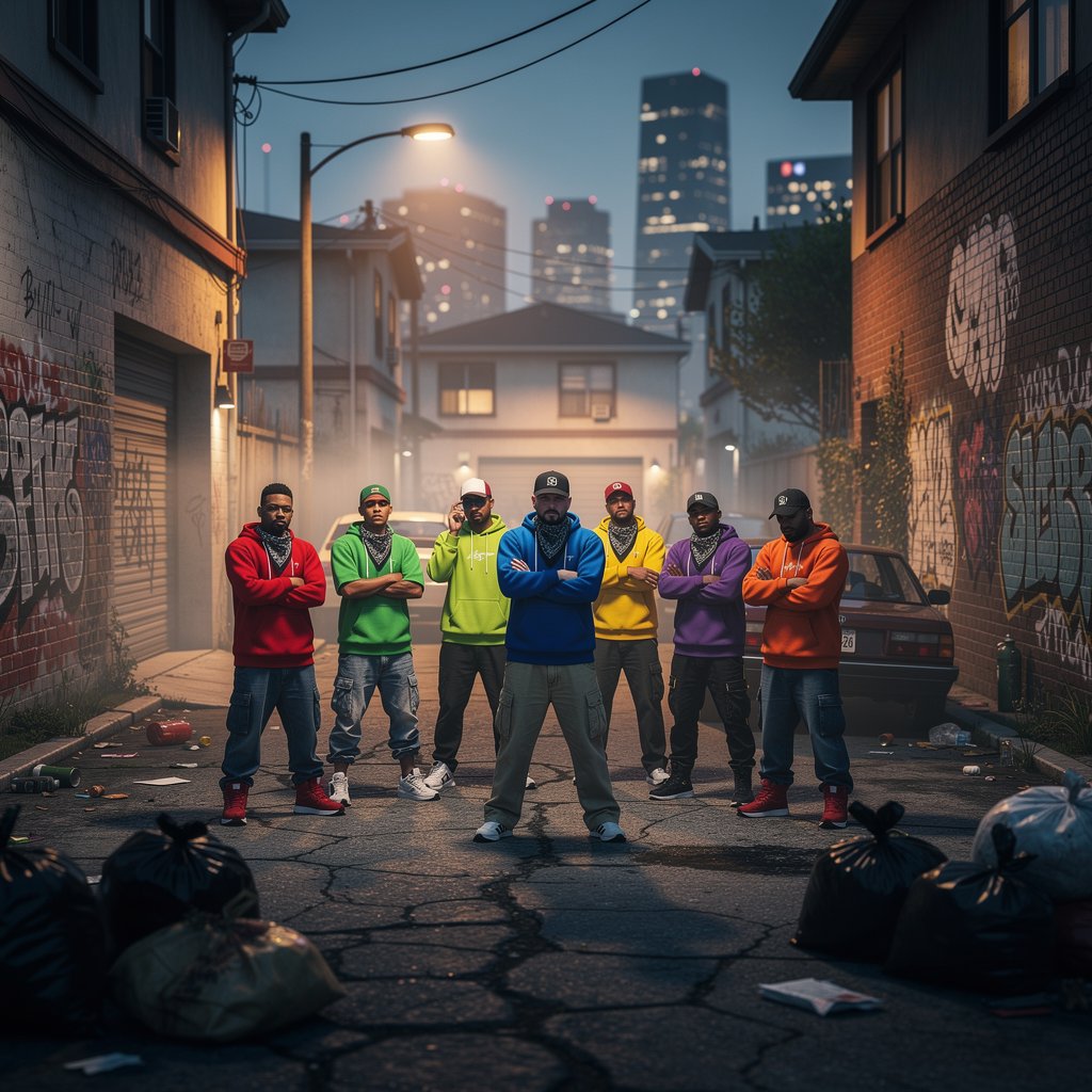 FiveM Roleplay street gang members in colorful hoodies standing in a Grove Street alley, cinematic urban scene, realistic game graphics, 4k