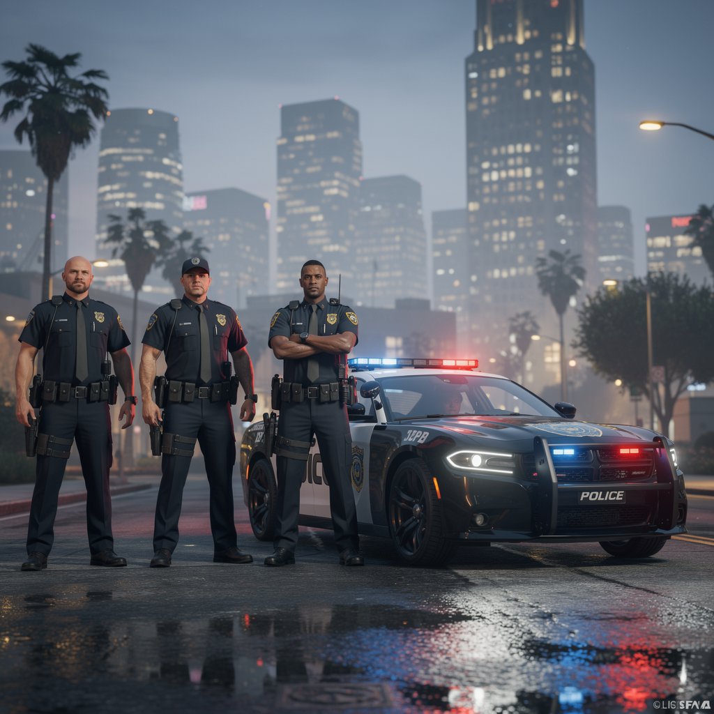 FiveM Roleplay LSPD police officers standing by a customized police cruiser, cinematic lighting, Los Santos city background, realistic game graphics, 4k