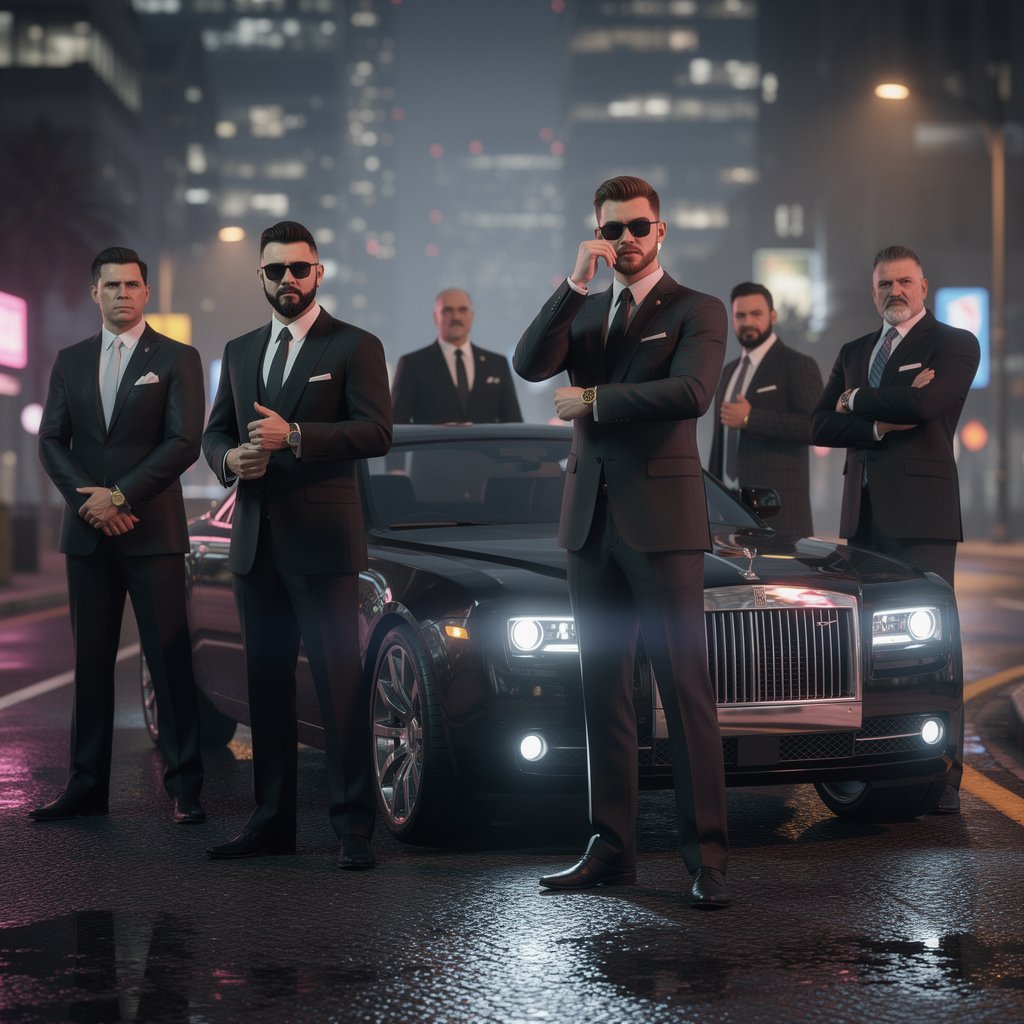 FiveM Roleplay mafia bosses in elegant suits standing next to a luxury black sedan, nighttime cinematic lighting, realistic game graphics, 4k
